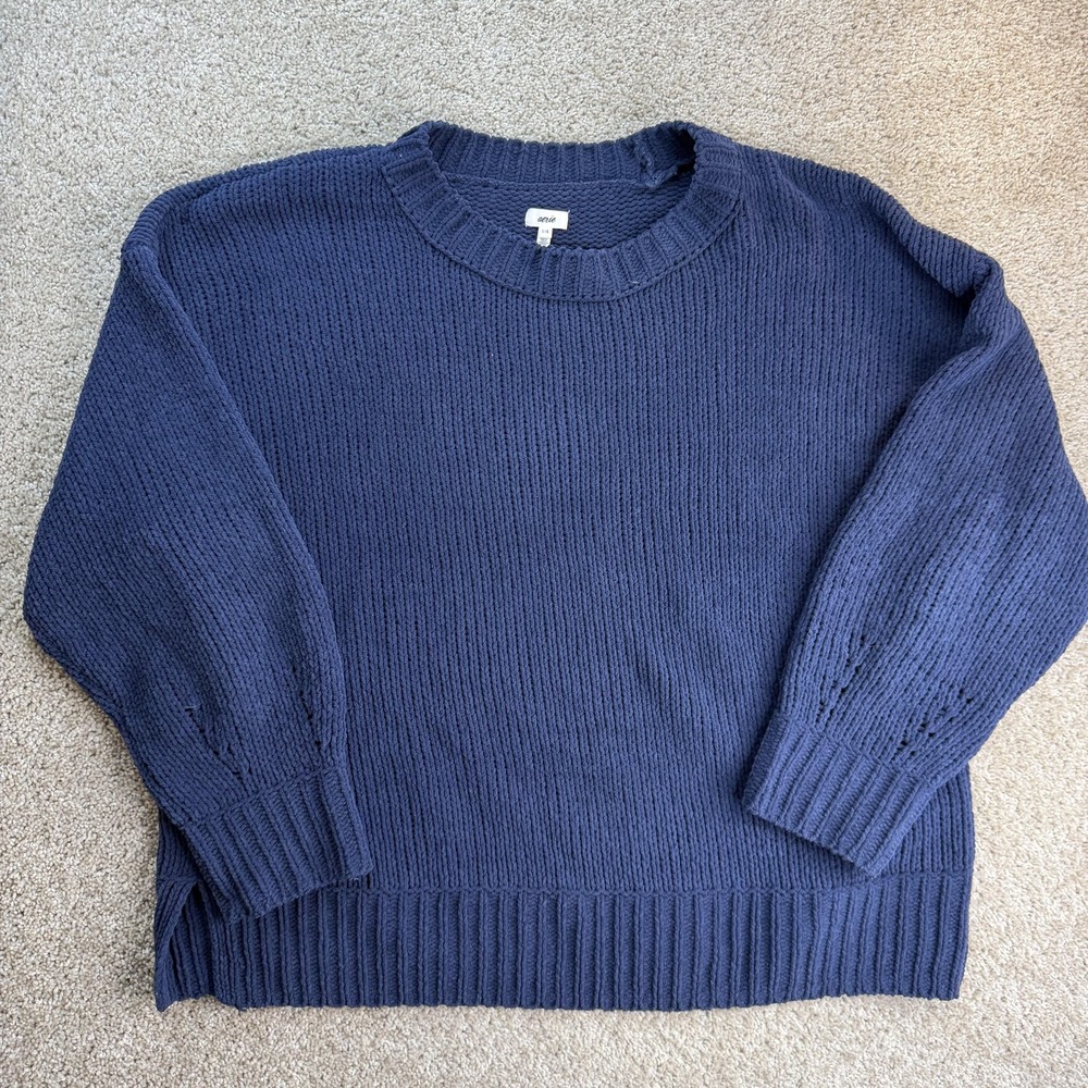 Aerie Sweater Womens L Blue Crew Neck Long Sleeve Chunky Knit Side Slit Pullover